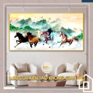 Tranh tráng gương mã đáo thành công gỗ MDF viền composite bát mã đạp mây phong thủy.