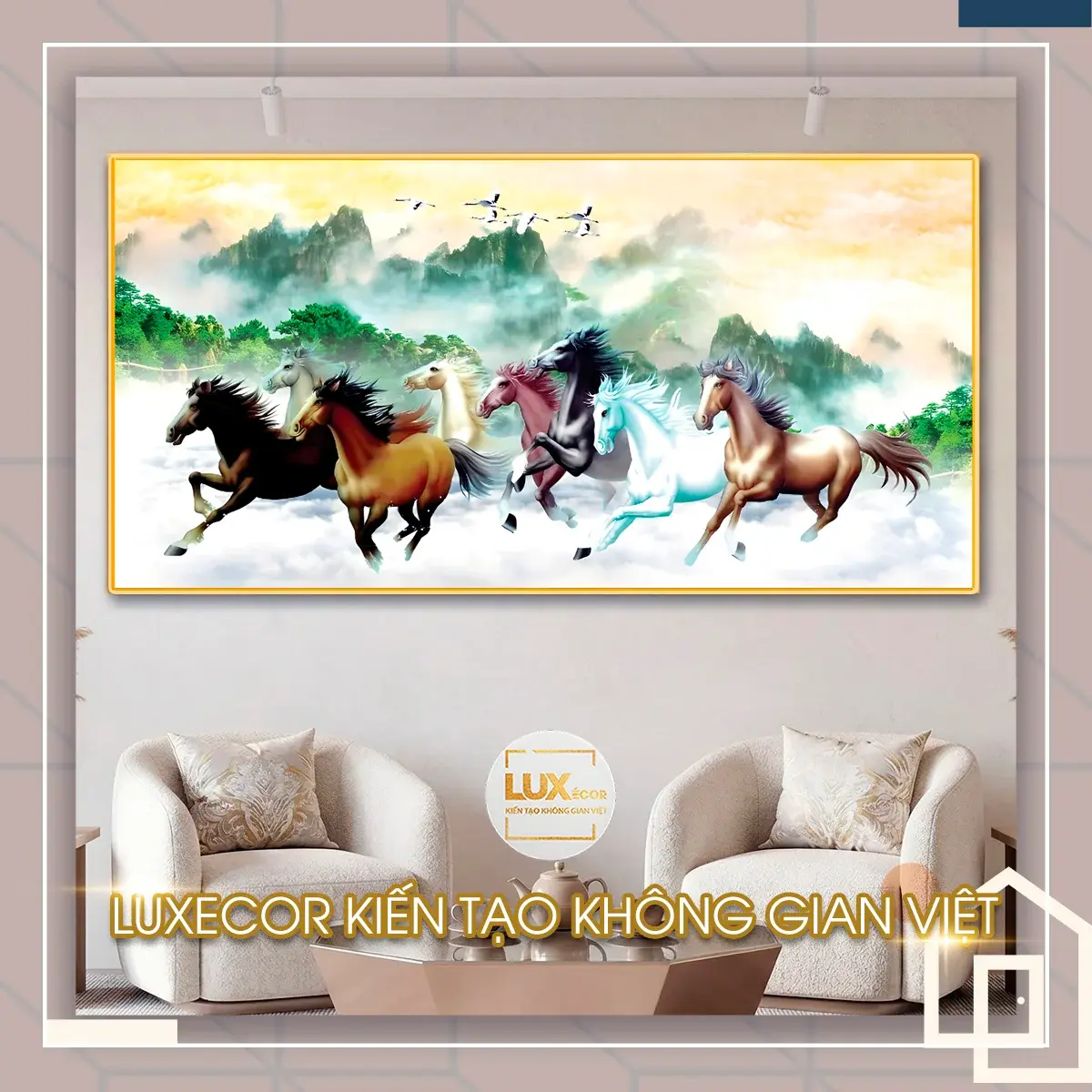 Tranh tráng gương mã đáo thành công quà tặng phong thủy Tranh tráng gương mã đáo thành công gỗ MDF viền composite bát mã đạp mây phong thủy.