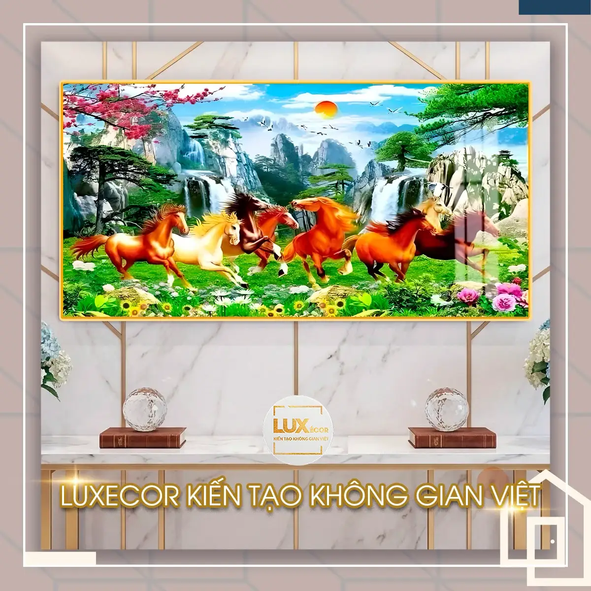 Tranh tráng gương mã đáo thành công làm quà tặng tân gia Tranh tráng gương mã đáo thành công gỗ MDF viền composite cảnh thiên nhiên biếu tân gia.
