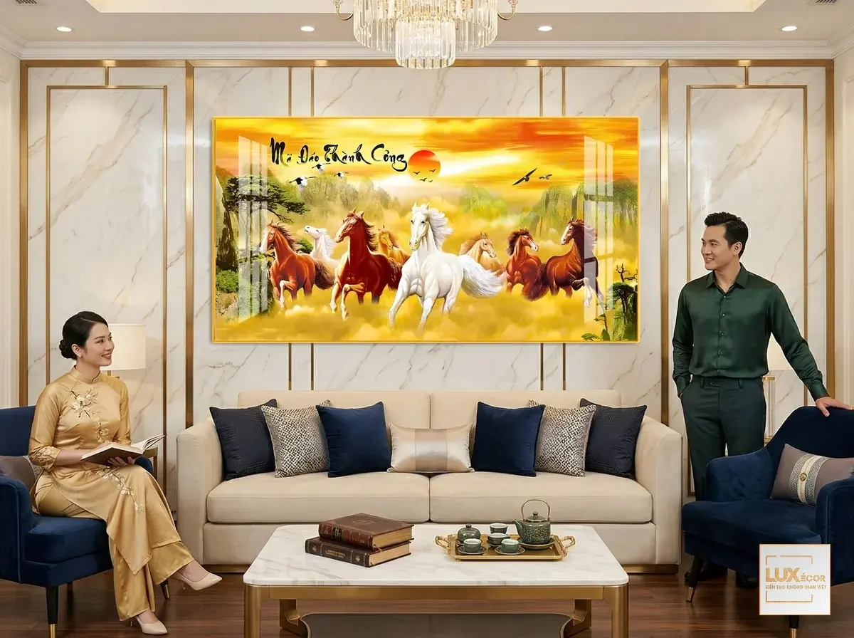 Tranh tráng gương mã đáo thành công bát mã rẽ sương mù đón ánh nắng vàng vượng khí.