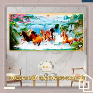 Tranh tráng gương mã đáo thành công gỗ MDF viền composite thác nước 3D chống ẩm mốc.