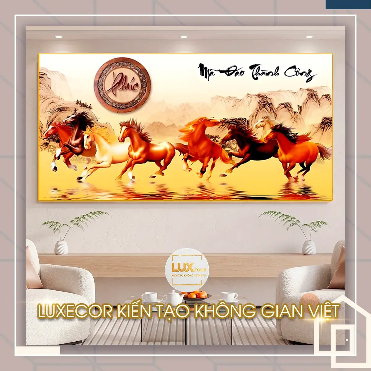 Tranh tráng gương mã đáo thành công chữ Phúc tài lộc Tranh tráng gương mã đáo thành công gỗ MDF viền composite trang trí phòng khách.