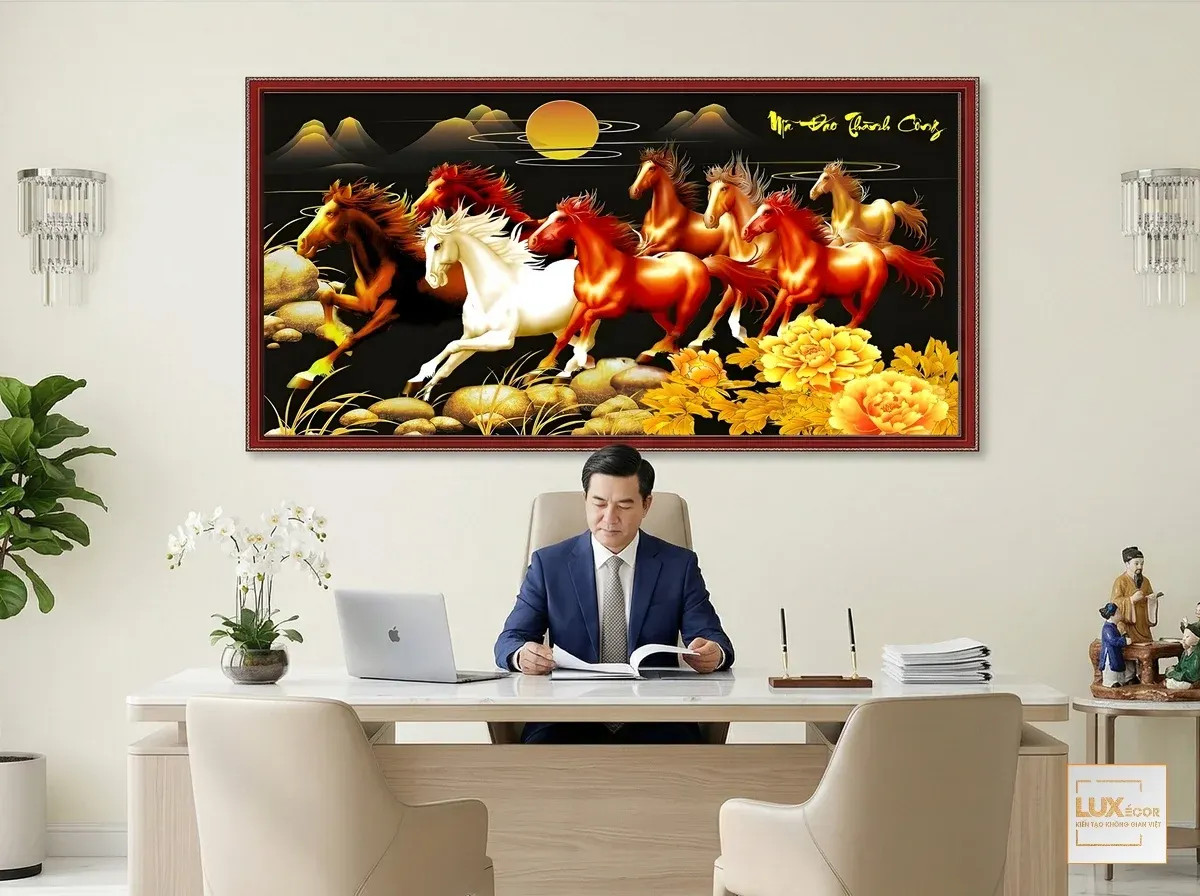 Bức tranh tráng gương mã đáo thành công bát mã hoàng kim treo tường phòng giám đốc sang trọng.