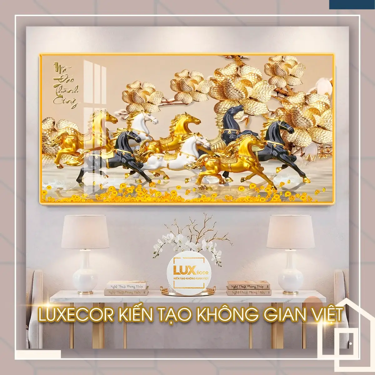 Tranh tráng gương mã đáo thành công hoa kim tiền vàng Tranh tráng gương mã đáo thành công gỗ MDF viền composite bát mã và hoa kim tiền.