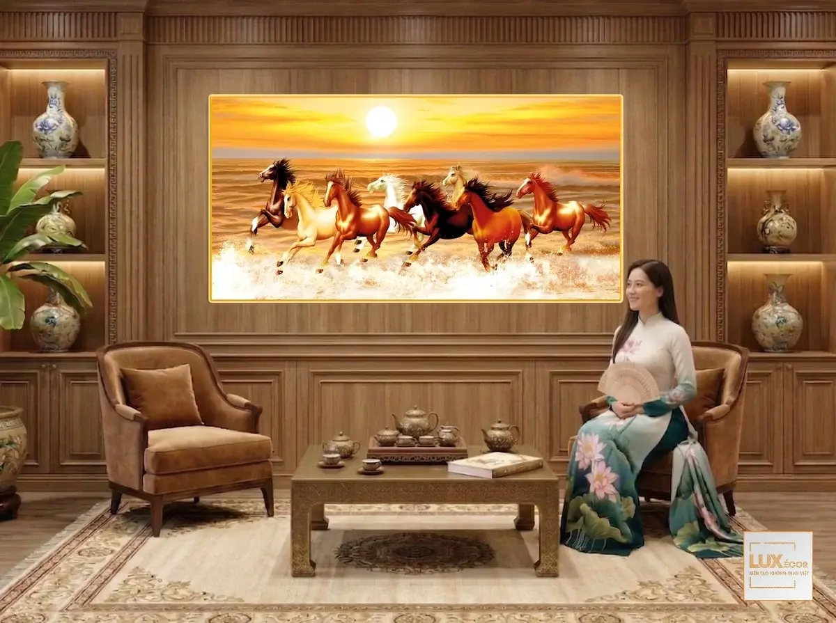 Tranh tráng gương mã đáo thành công với đàn ngựa vượt sóng ráng chiều mang lại vượng khí.