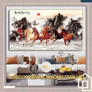 Tranh tráng gương gỗ mdf khung viền composite bát mã truy phong treo phòng khách cao cấp.