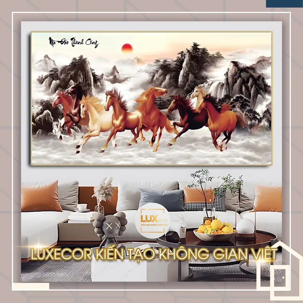 Tranh bát mã truy phong tráng gương MDF trang trí phòng khách Tranh tráng gương gỗ mdf khung viền composite bát mã truy phong treo phòng khách cao cấp.