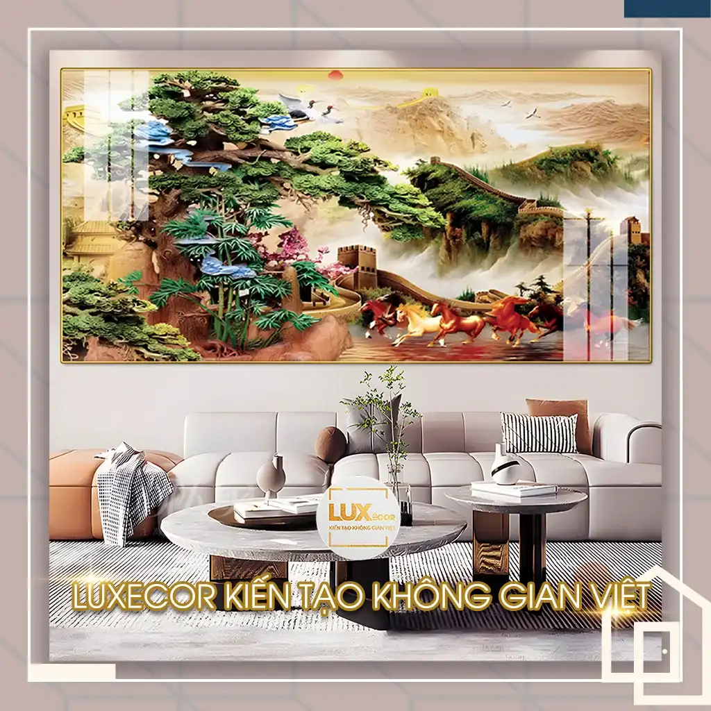 Tranh tráng gương MDF mã đáo thành công phong cảnh tùng núi Tranh tráng gương gỗ mdf khung viền composite mã đáo thành công cây tùng treo phòng khách.