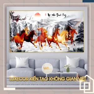 Tranh tráng gương gỗ mdf khung viền composite mã đáo thành công treo phòng khách hiện đại.