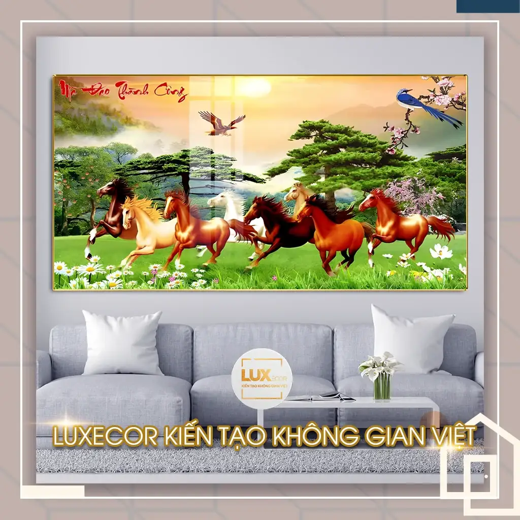 Tranh tráng gương MDF mã đáo thành công phong cảnh thiên nhiên Tranh tráng gương gỗ mdf khung viền composite mã đáo thành công thảo nguyên xanh treo phòng khách.