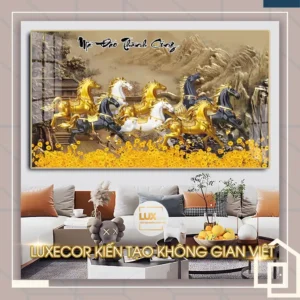 Tranh tráng gương gỗ mdf khung viền composite mã đáo thành công mạ vàng treo phòng khách.