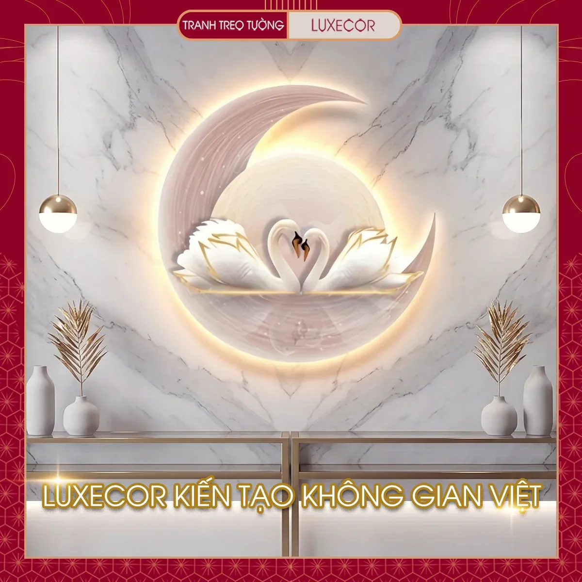 Tranh tráng gương gỗ MDF viền composite đôi thiên nga Luxecor làm đẹp phòng khách sang trọng.