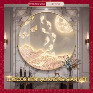 Tranh tráng gương tròn phong thủy 9 cá chép vàng bơi lội dưới trăng trang trí nội thất.