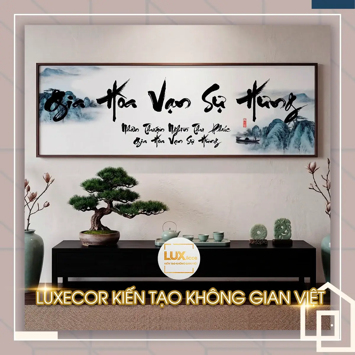 Tranh tráng gương Gia Hòa Vạn Sự Hưng đem lại vượng khí tài lộc Tranh Gia Hòa Vạn Sự Hưng cao cấp kết hợp cảnh đồi núi hùng vĩ thu hút vận may.