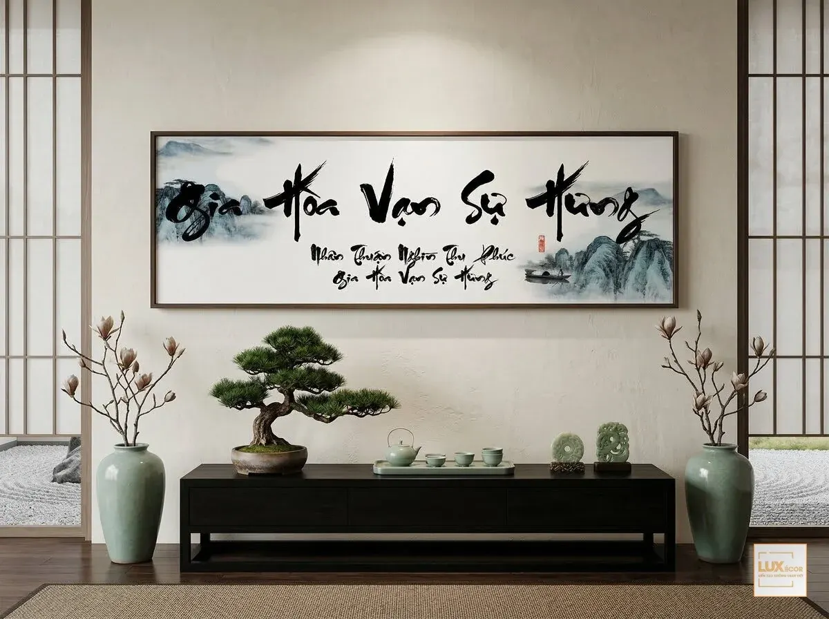 Tranh tráng gương phong thủy Gia Hoà Vạn Sự Hưng cảnh núi non xanh lam tươi mát hỗ trợ công danh.