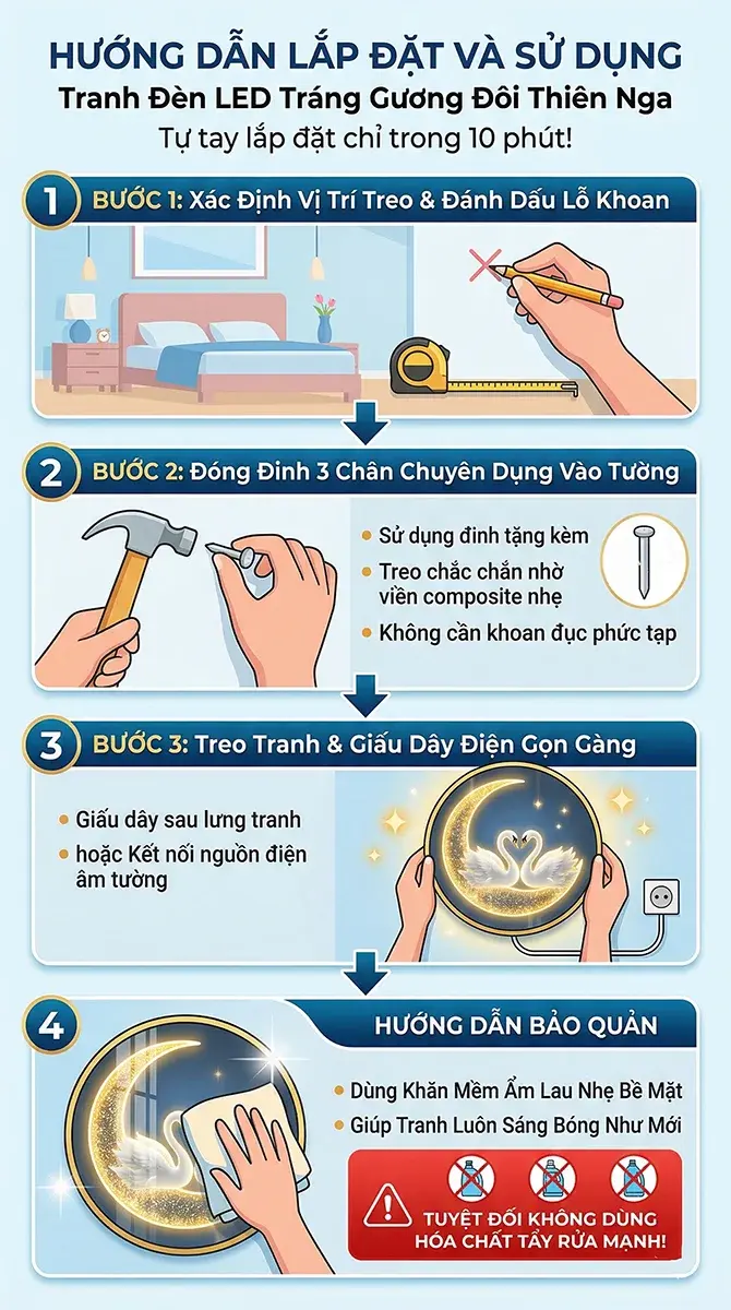 Bản infographic mô tả 4 bước tự lắp đặt nhanh tranh đèn LED tráng gương thiên nga bằng đinh chuyên dụng và hướng dẫn bảo quản an toàn.