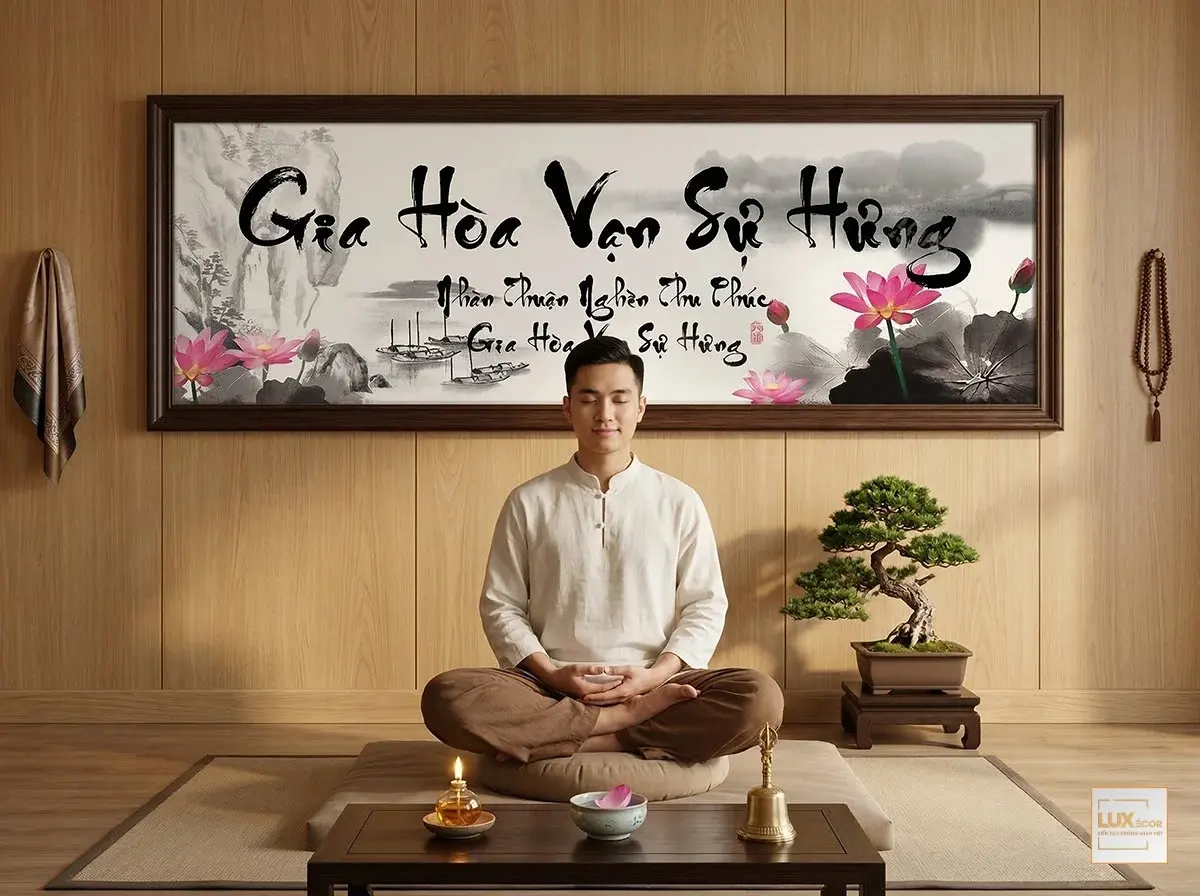 Người đàn ông ngồi thiền bình an dưới bức tranh thư pháp Gia Hòa Vạn Sự Hưng hoa sen.