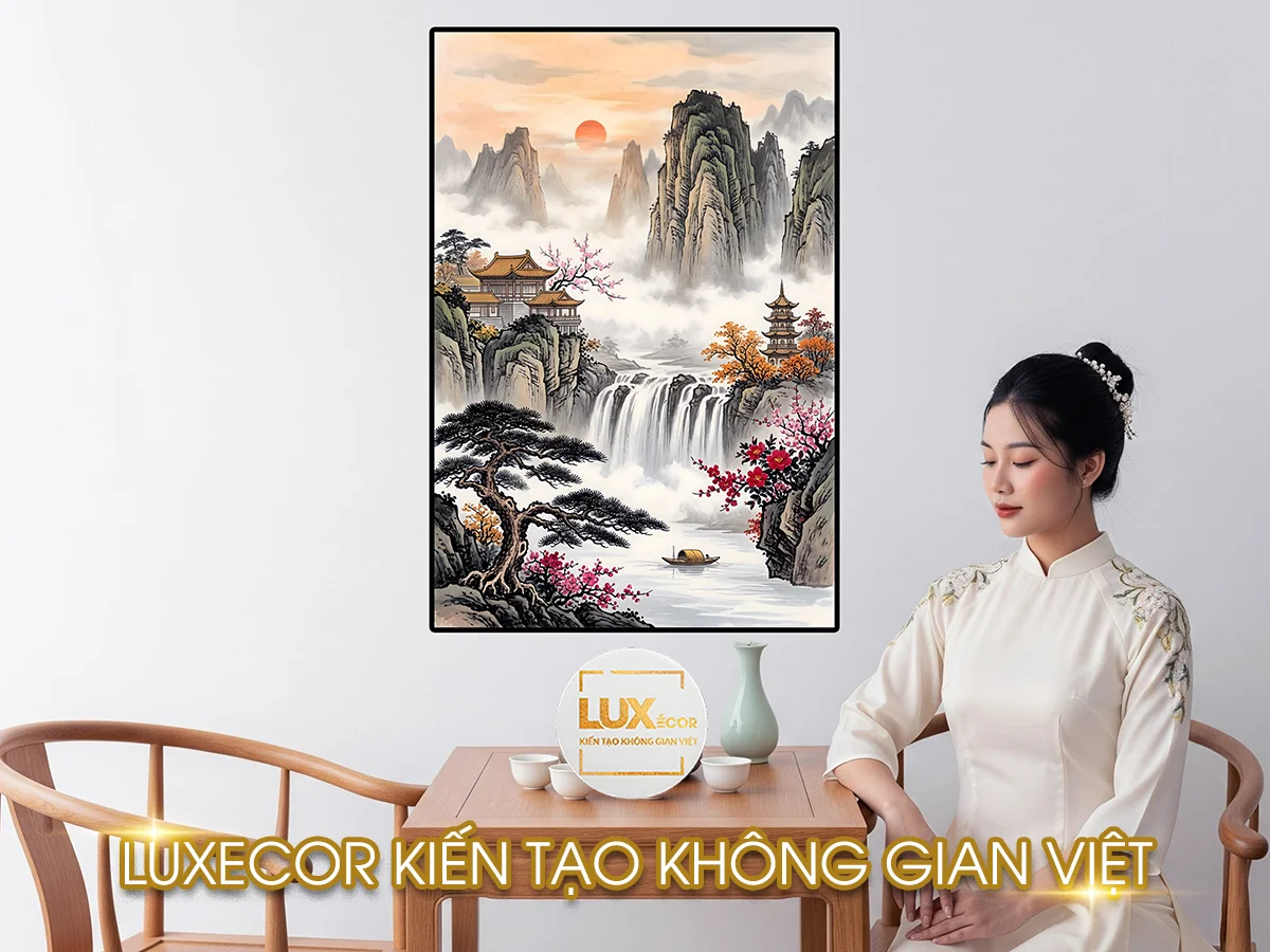 Tranh phong thủy ẩn Liên Sơn Vạn Thọ treo tường góc bàn trà, mang lại không gian tĩnh tại.