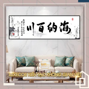 Tranh tráng gương thư pháp chữ Hán Hải Nạp Bách Xuyên mây nước trang trí phòng Giám đốc.