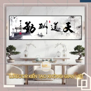 Tranh tráng gương thư pháp Thiên Đạo Thù Cần cảnh hoa sen và thi nhân trang trí phòng trà.