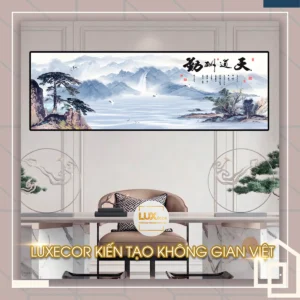 Tranh tráng gương thư pháp chữ Hán Thiên Đạo Thù Cần cảnh đại tùng thác nước vượng khí.