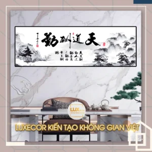 Tranh tráng gương thư pháp chữ Hán Thiên Đạo Thù Cần thủy mặc đen trắng cổ phong.