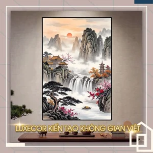 Bức tranh tráng gương phong thủy Liên Sơn Vạn Thọ mang lại không gian tĩnh tại, hút vượng khí cho phòng khách.