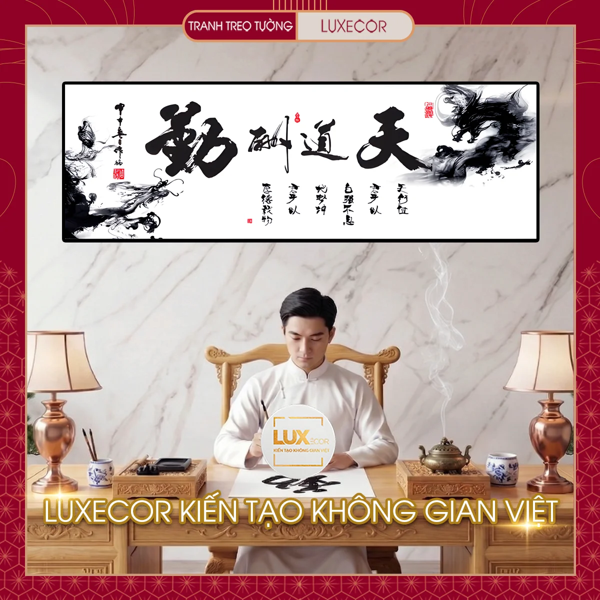 Ảnh bìa bộ sưu tập tranh tráng gương thư pháp chữ Hán thủy mặc phong thủy cao cấp Luxecor.