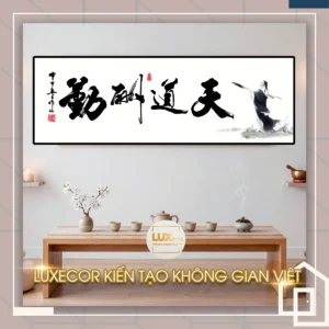 Tranh tráng gương thư pháp chữ Hán Thiên Đạo Thù Cần bóng dáng cao nhân decor phòng thiền trà.