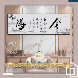 Tranh tráng gương thư pháp chữ Hán Xả Đắc cảnh chùa cổ kính giúp tâm trí tĩnh lặng.