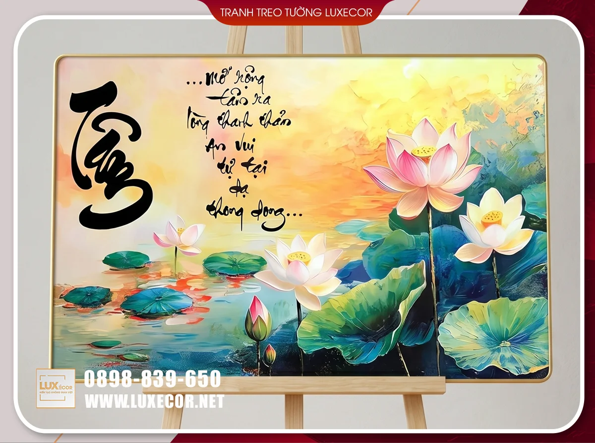 Ảnh thực tế tranh tráng gương hoa sen thư pháp chữ Tâm, nền MDF mica, khung vàng bo góc.