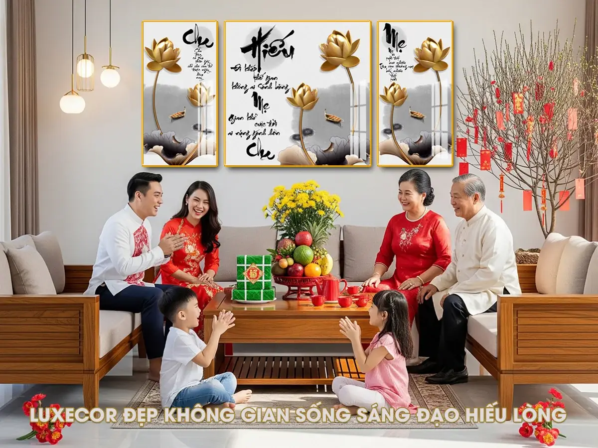 Ảnh gia đình sum vầy ngày Tết dưới bộ 3 tranh tráng gương thư pháp hoa sen vàng.