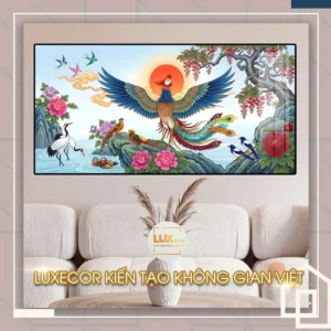 Bức tranh tráng gương phượng hoàng bách điểu quần tụ trang trí phòng khách sang trọng.