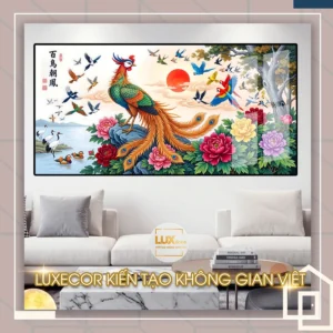 Bức tranh tráng gương phượng hoàng bách điểu triều phụng đón mặt trời trang trí phòng khách.
