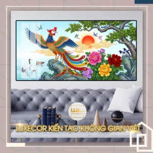 Bức tranh tráng gương phượng hoàng đón bình minh bên hoa mẫu đơn trang trí nội thất cao cấp.