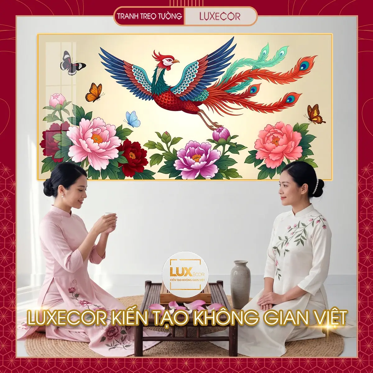 Ảnh bìa tranh tráng gương phượng hoàng cát tường thiết kế nguyên bản không gian thưởng trà.