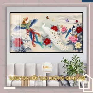 Bức tranh tráng gương phượng hoàng và chim công trắng trang trí phòng khách cao cấp của Luxecor.
