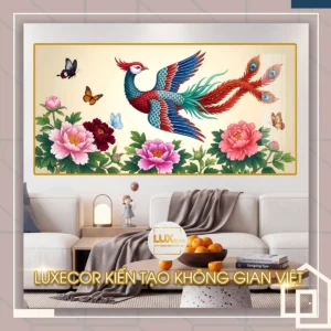 Bức tranh tráng gương phượng hoàng đón gió xuân bên hoa mẫu đơn trang trí phòng khách.