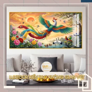 Bức tranh tráng gương phượng hoàng đón nắng giữa bầy chim quý trang trí phòng khách.