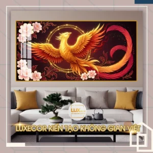 Bức tranh tráng gương phượng hoàng lửa hiện đại ánh kim trang trí phòng khách sang trọng.