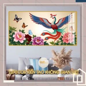 Bức tranh tráng gương phượng hoàng phú quý cát tường và đàn bướm lượn trang trí phòng khách cao cấp.