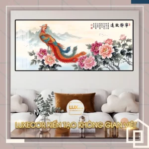 Bức tranh tráng gương phượng hoàng sơn thủy giao hòa trang trí phòng khách mang vượng khí.