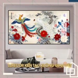 Bức tranh tráng gương phượng hoàng và chim công bên thác nước trang trí phòng làm việc Luxecor.