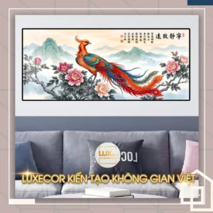 Bức tranh tráng gương phượng hoàng tựa sơn bên hoa mẫu đơn trang trí phòng khách vượng tài.