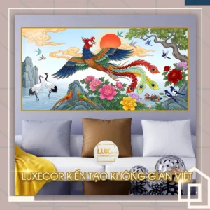 Bức tranh tráng gương phượng hoàng tung cánh nghênh xuân bên hoa mẫu đơn trang trí phòng khách.