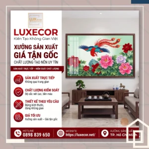Banner xưởng sản xuất tranh tráng gương Luxecor giá tận gốc trang trí nội thất cao cấp.